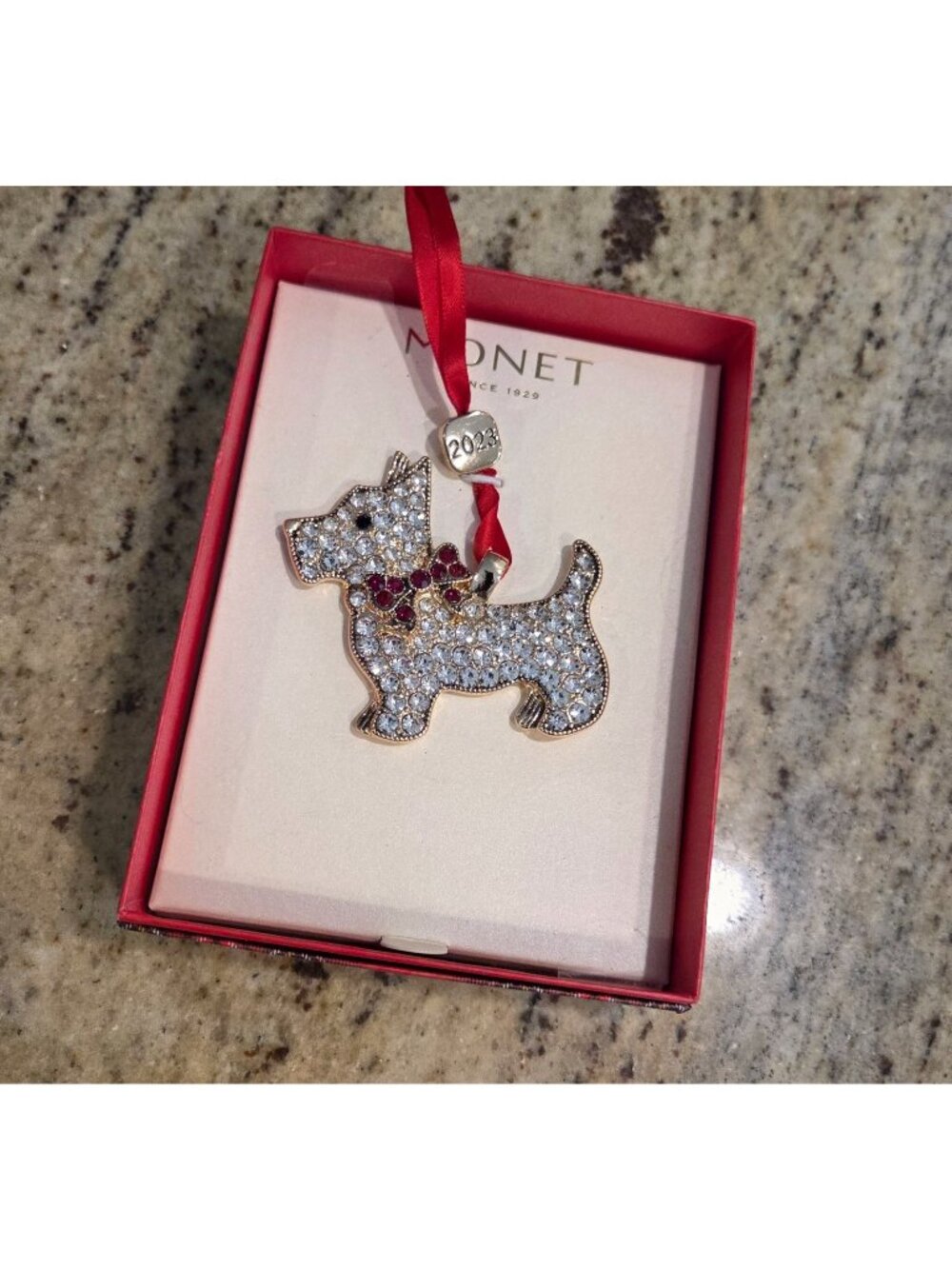 2023 Monet Gold Tone Crystal Rhinestone Terrier Dog Bow Christmas Ornament